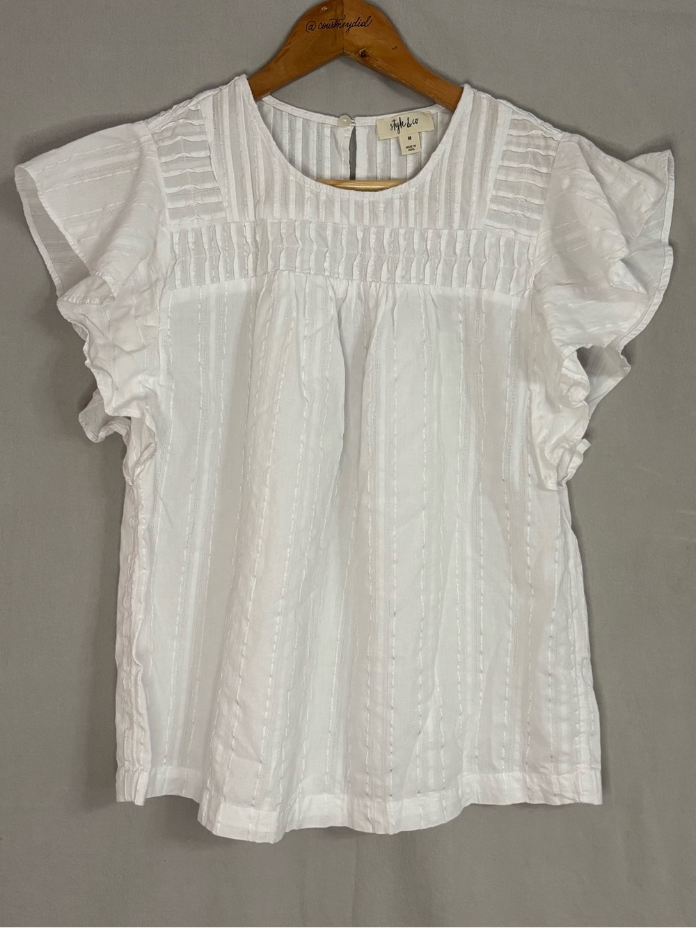 Style & Co. White Pintuck Yoke Flutter Sleeve Blouse in Size Medium